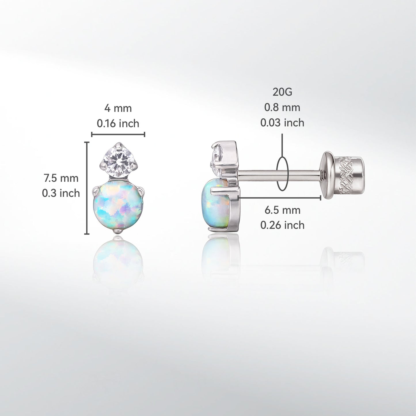 limerencia Hypoallergenic G23 Implant Grade Titanium Screw Back Earrings Tragus 20G Helix F136 Piercing Post for Girls' Sensitive Ears Cartilage- CZ + White Opal