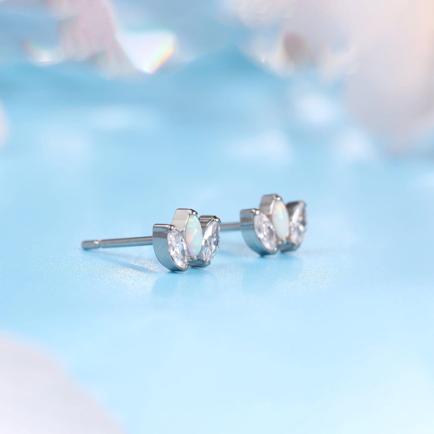 Limerencia Pure Titanium Hypoallergenic Earrings | White Opal + White CZ Crown | Implant Grade Piercing jewelry| Suitable for Sensitive Ears Delicate Jewelry