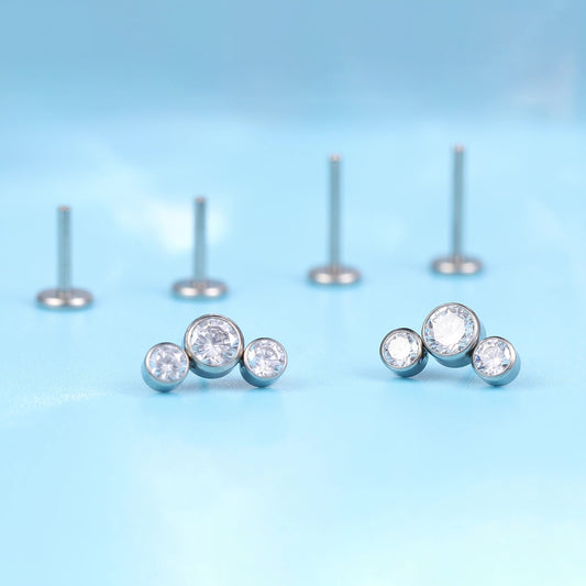 Limerencia G23 Hypoallergenic 18g Flat Back Stud Earrings | F136 Implant Grade Titanium Press Fit Threadless Push Pop in Cartilage Helix Labret Lip Monroe Tragus Piercing Studs- Three Crystal Cluster