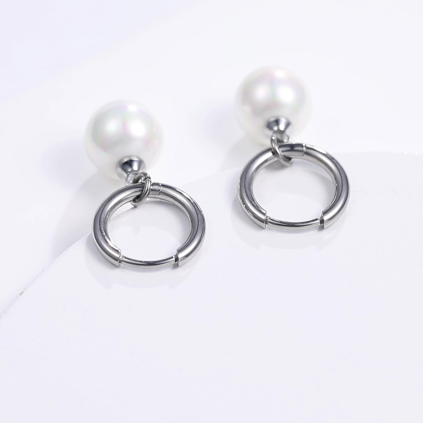 Limerencia Hypoallergenic Pure Titanium Post Lightweight Dangle Huggie Earrings for Women | Vertical Bar, Cross, Moon, Lightning | Dainty Earrings (10mm Pearl)