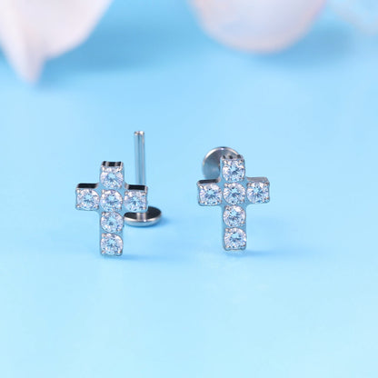 limerencia G23 Hypoallergenic 18g Flat Back Stud Earrings | F136 Implant Grade Titanium Press Fit Threadless Push Pop in Cartilage Helix Labret Lip Monroe Tragus Piercing Studs- Cross CZ