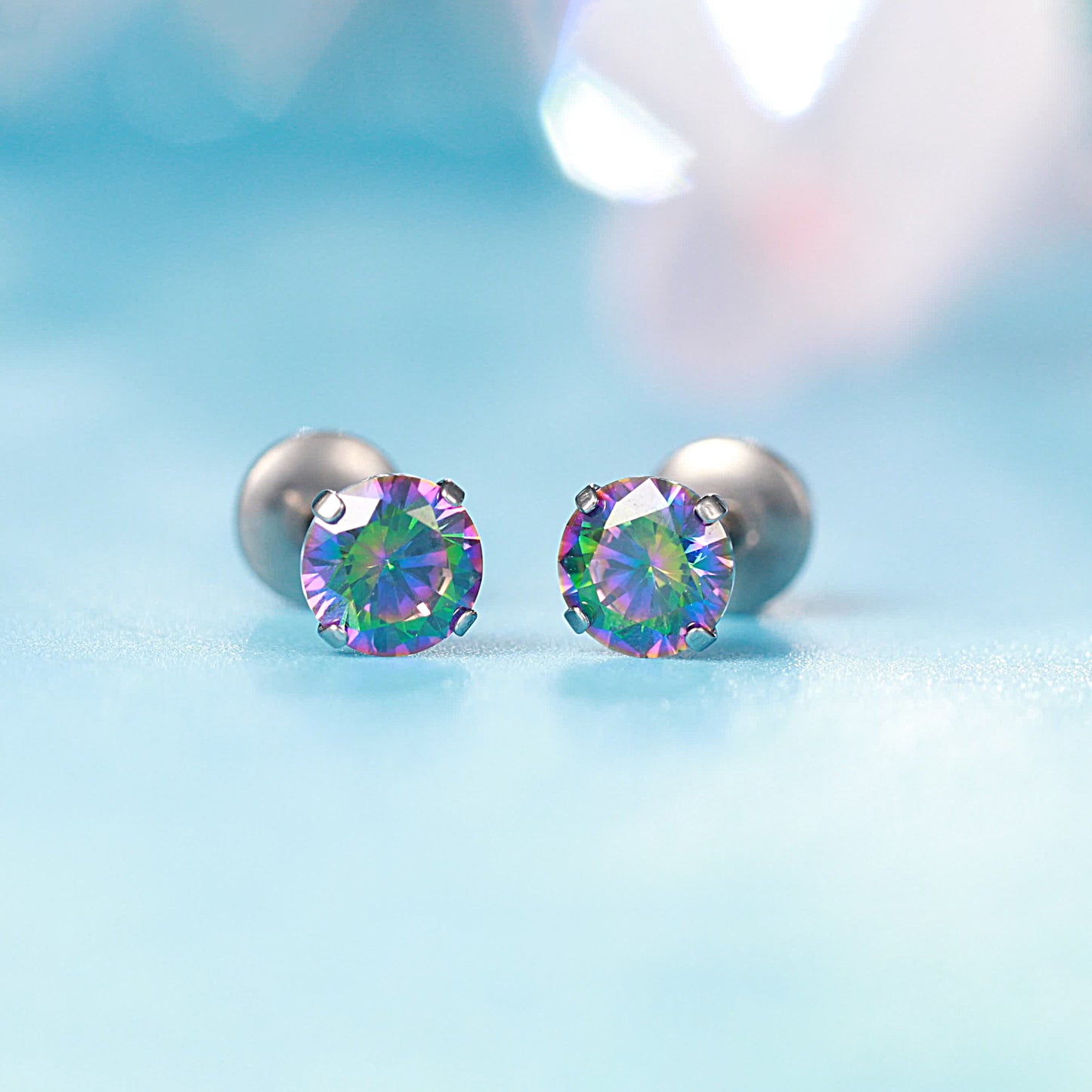 Limerencia Titanium Hypoallergenic Earrings Studs G23 for Women 5A Cubic Zirconia Helix Screw Back Implant Grade F136 Piercing Earrings for Sensitive Ears (Rainbow Quartz)
