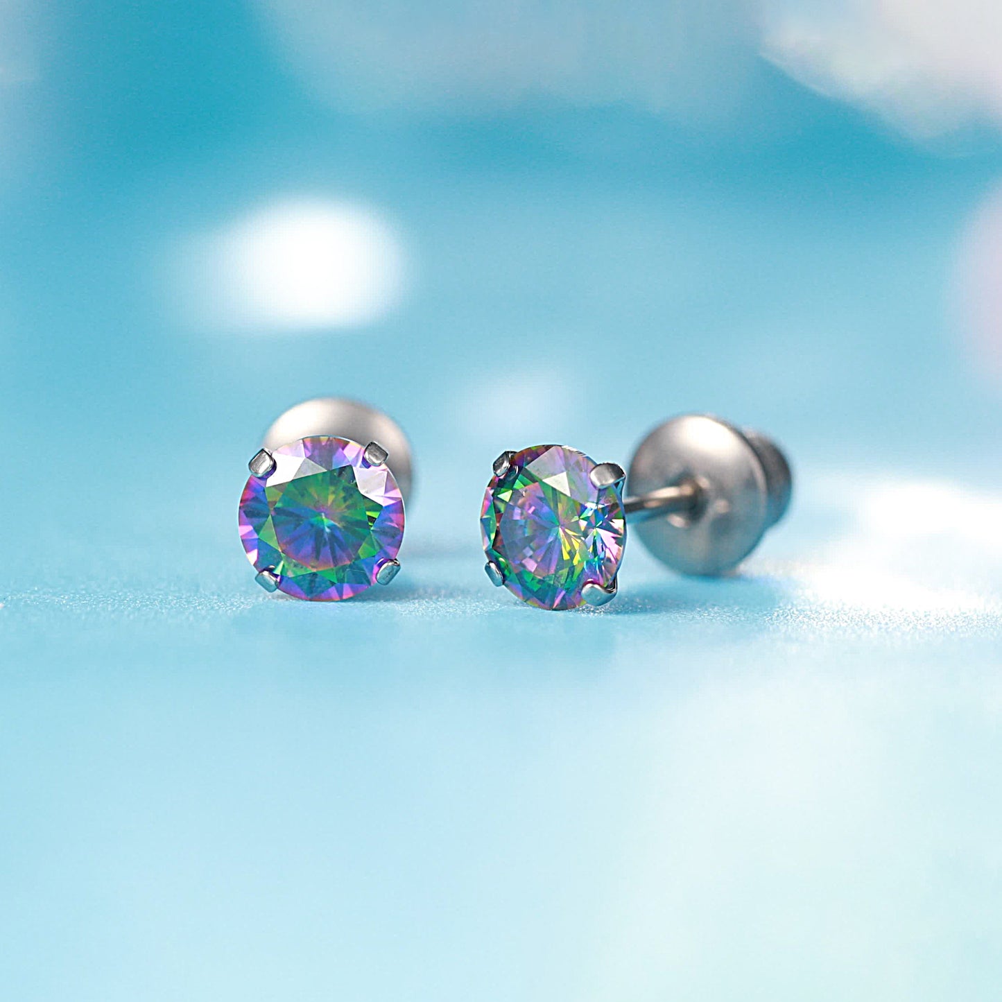 Limerencia Titanium Hypoallergenic Earrings Studs G23 for Women 5A Cubic Zirconia Helix Screw Back Implant Grade F136 Piercing Earrings for Sensitive Ears (Rainbow Quartz)