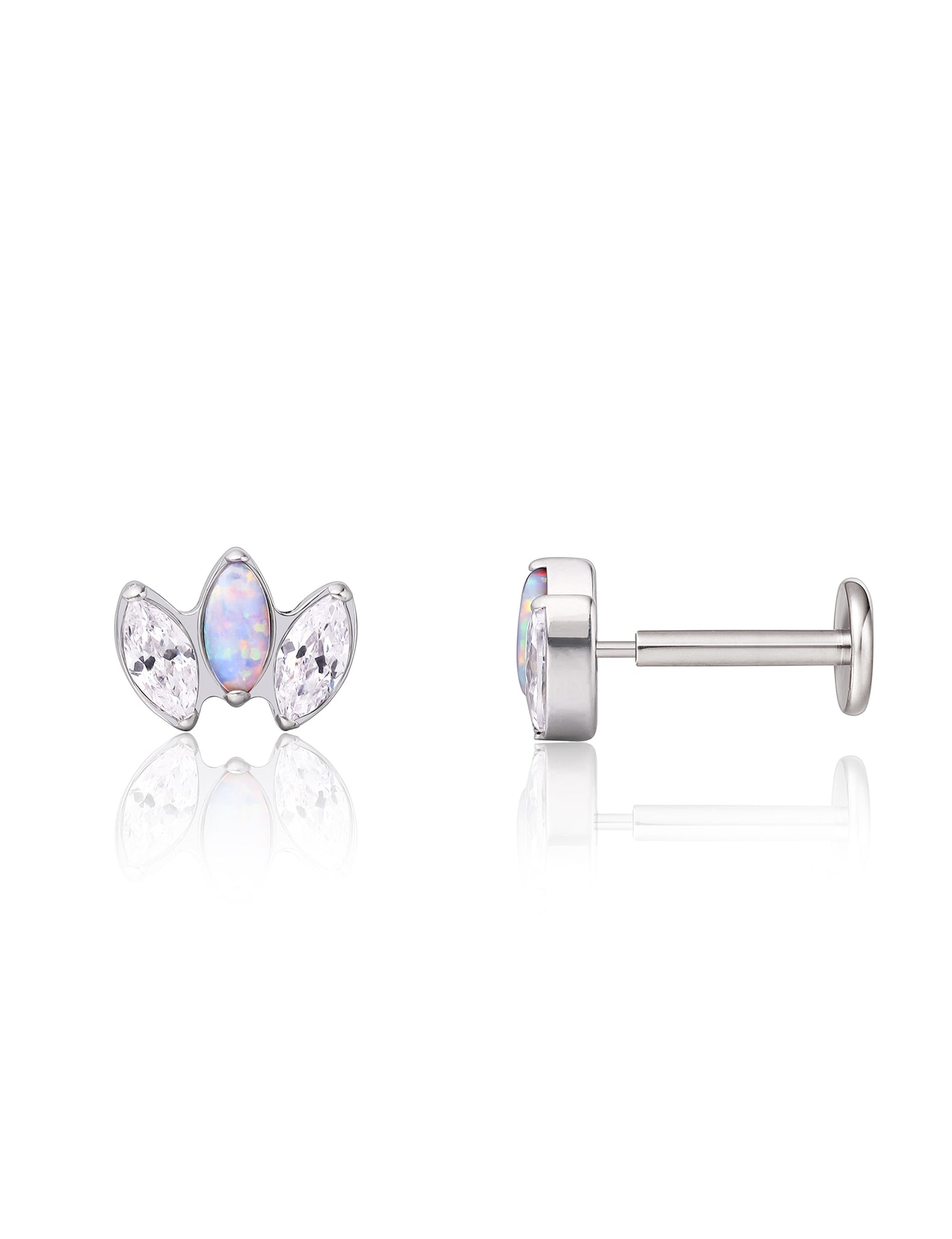 limerencia G23 Hypoallergenic 18g Flat Back Stud Earrings | F136 Implant Grade Titanium Press Fit Threadless Push Pop in Cartilage Helix Labret Lip Monroe Tragus Piercing Studs- CZ + Opal Crown