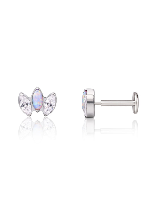limerencia G23 Hypoallergenic 18g Flat Back Stud Earrings | F136 Implant Grade Titanium Press Fit Threadless Push Pop in Cartilage Helix Labret Lip Monroe Tragus Piercing Studs- CZ + Opal Crown