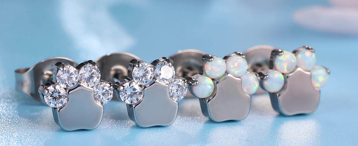 Limerencia G23 Pure Titanium Hypoallergenic Earrings | Cat Paws OPAL F136 Implant Grade Titanium Jewelry for Sensitive Ears