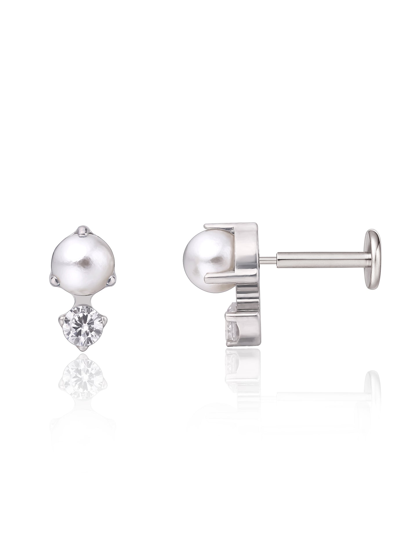 Limerencia G23 Hypoallergenic 18g Flat Back Stud Earrings | F136 Implant Grade Titanium Press Fit Threadless Push Pop in Cartilage Helix Labret Lip Monroe Tragus Piercing Studs- CZ + Pearl