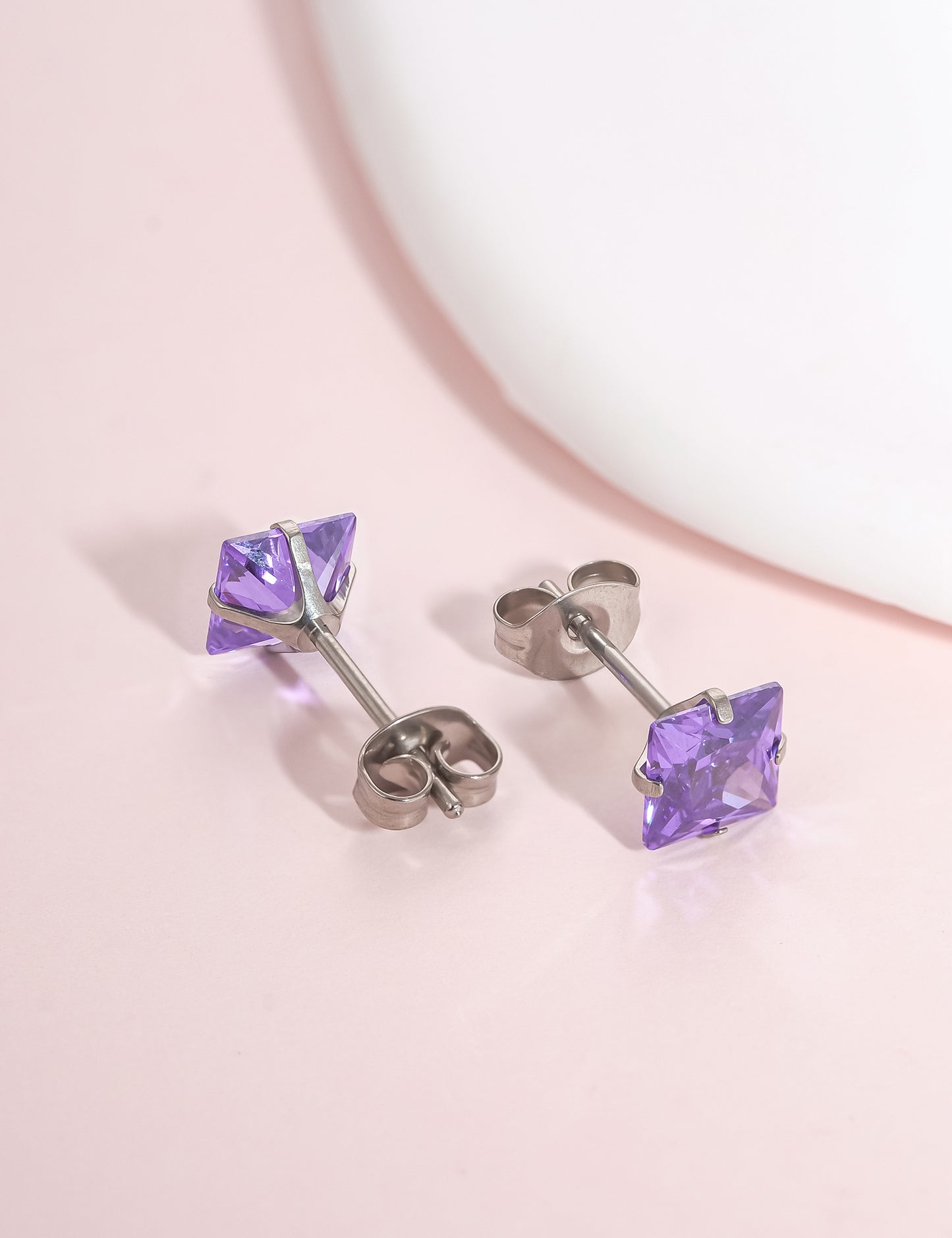 Titanium earrings, hypoallergenic earrings, pure titanium medical implant grade, suitable for sensitive ears with birthstone crystals CZ simulated diamonds (Purple)