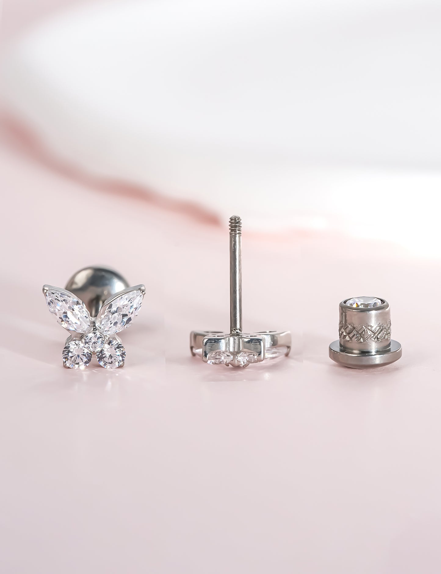 limerencia Hypoallergenic G23 Implant Grade Titanium Screw Back Earrings Tragus 20G Helix F136 Piercing Post for Girls' Sensitive Ears Cartilage- Butterfly White CZ
