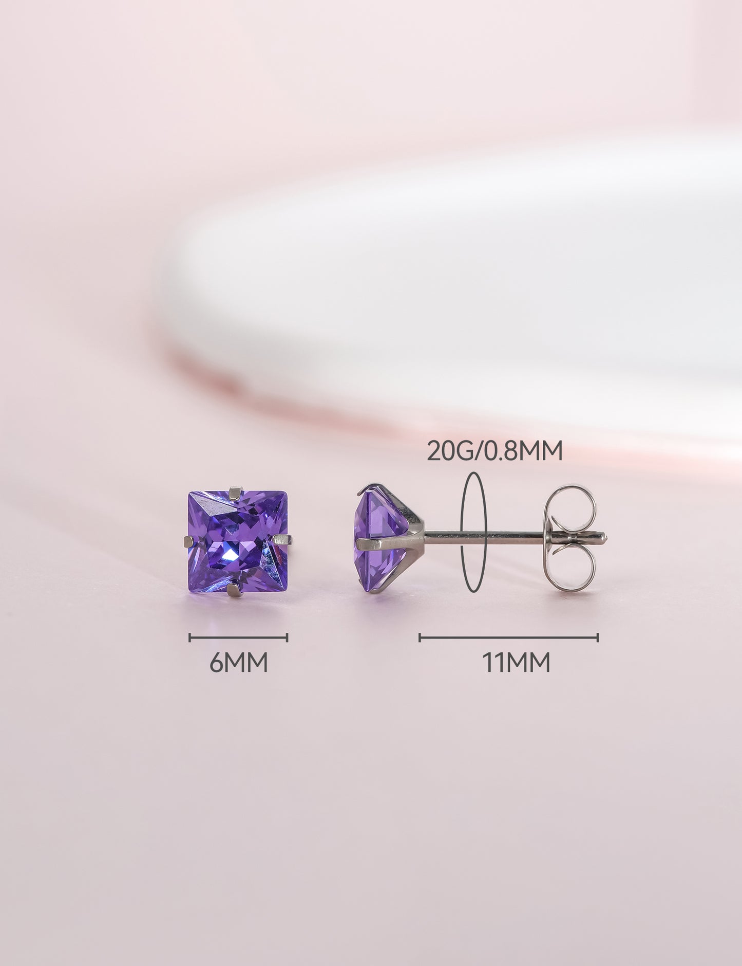 Titanium earrings, hypoallergenic earrings, pure titanium medical implant grade, suitable for sensitive ears with birthstone crystals CZ simulated diamonds (Purple)