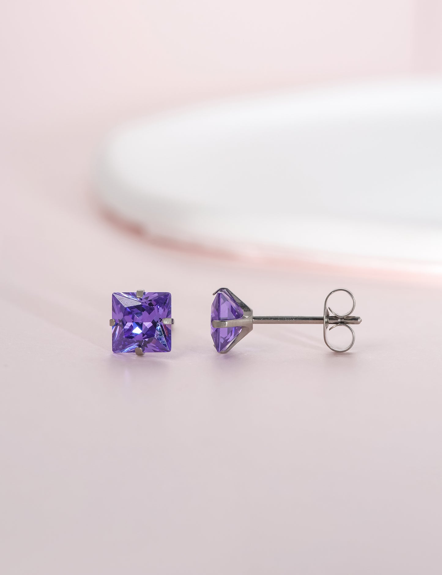 Titanium earrings, hypoallergenic earrings, pure titanium medical implant grade, suitable for sensitive ears with birthstone crystals CZ simulated diamonds (Purple)