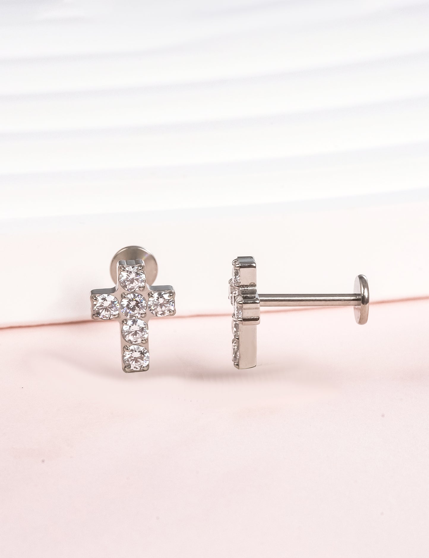 limerencia G23 Hypoallergenic 18g Flat Back Stud Earrings | F136 Implant Grade Titanium Press Fit Threadless Push Pop in Cartilage Helix Labret Lip Monroe Tragus Piercing Studs- Cross CZ