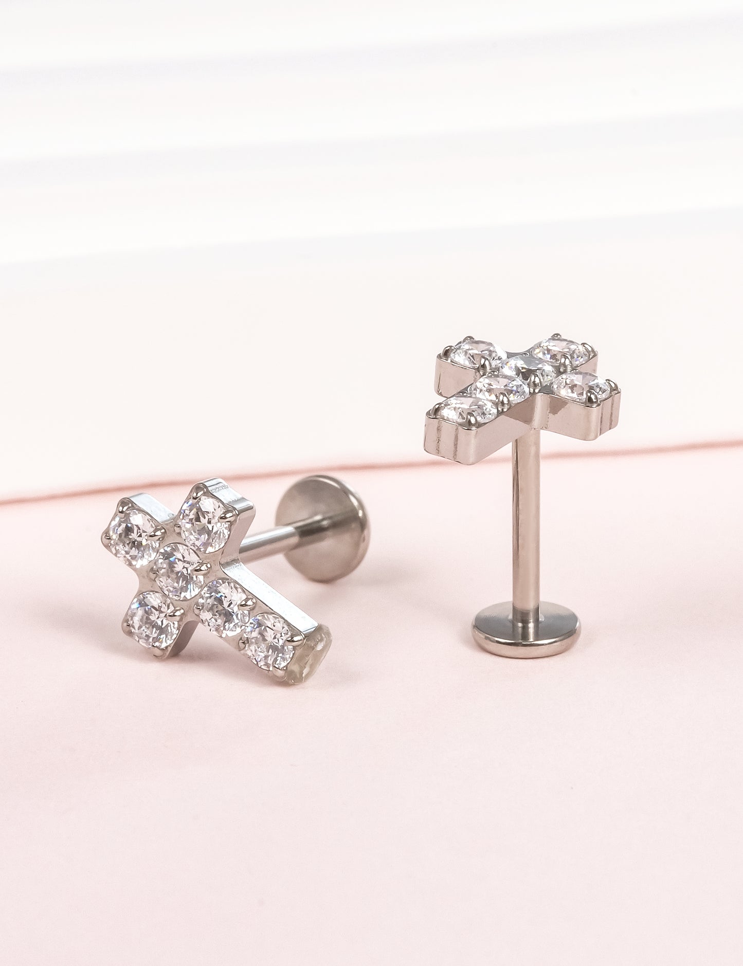 limerencia G23 Hypoallergenic 18g Flat Back Stud Earrings | F136 Implant Grade Titanium Press Fit Threadless Push Pop in Cartilage Helix Labret Lip Monroe Tragus Piercing Studs- Cross CZ