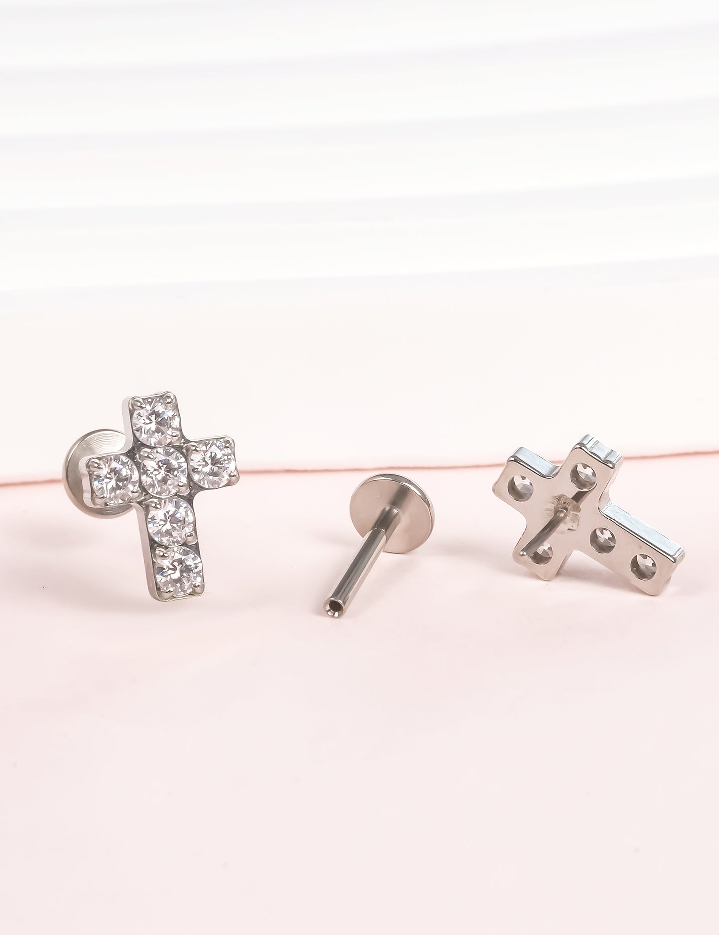 limerencia G23 Hypoallergenic 18g Flat Back Stud Earrings | F136 Implant Grade Titanium Press Fit Threadless Push Pop in Cartilage Helix Labret Lip Monroe Tragus Piercing Studs- Cross CZ