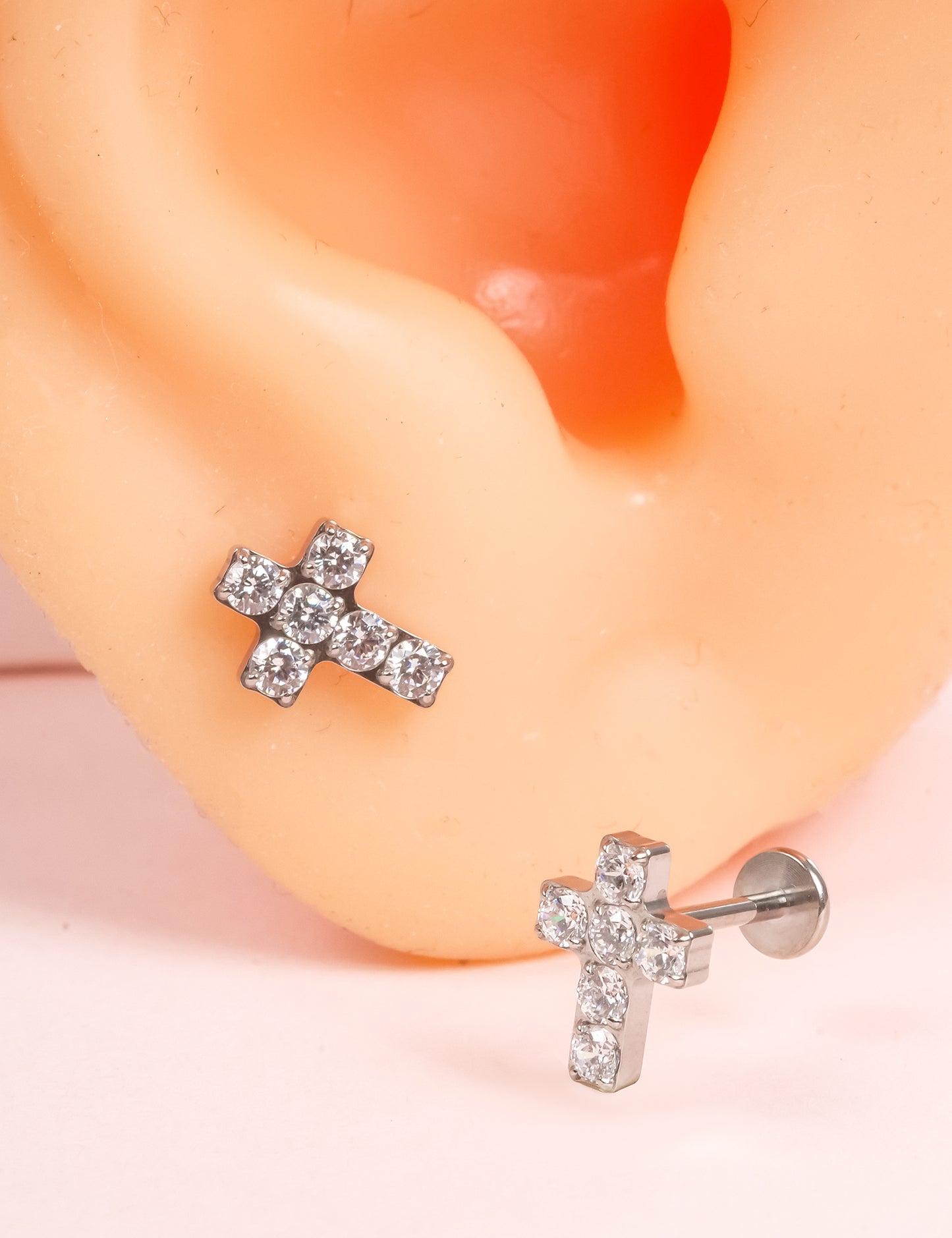 limerencia G23 Hypoallergenic 18g Flat Back Stud Earrings | F136 Implant Grade Titanium Press Fit Threadless Push Pop in Cartilage Helix Labret Lip Monroe Tragus Piercing Studs- Cross CZ