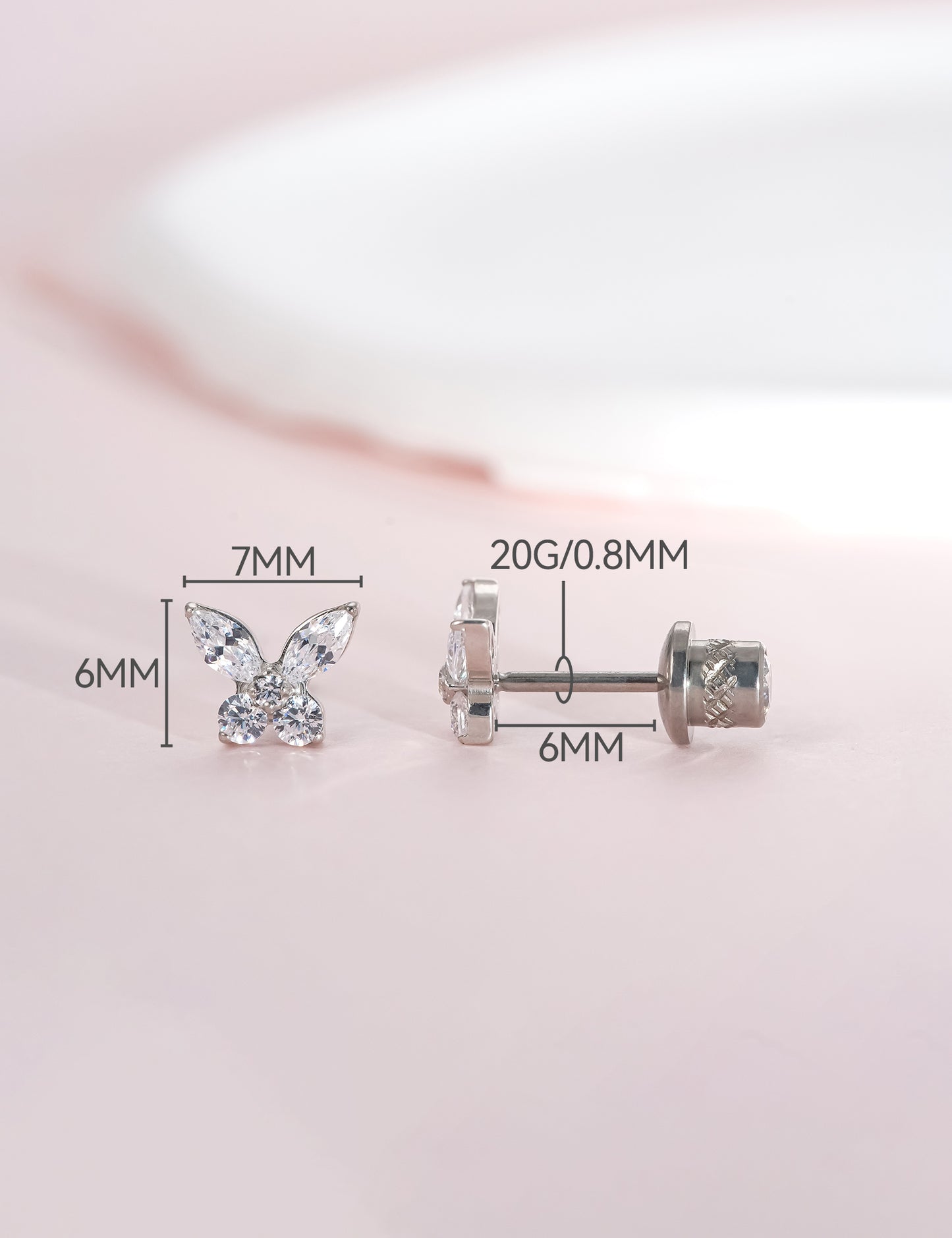limerencia Hypoallergenic G23 Implant Grade Titanium Screw Back Earrings Tragus 20G Helix F136 Piercing Post for Girls' Sensitive Ears Cartilage- Butterfly White CZ