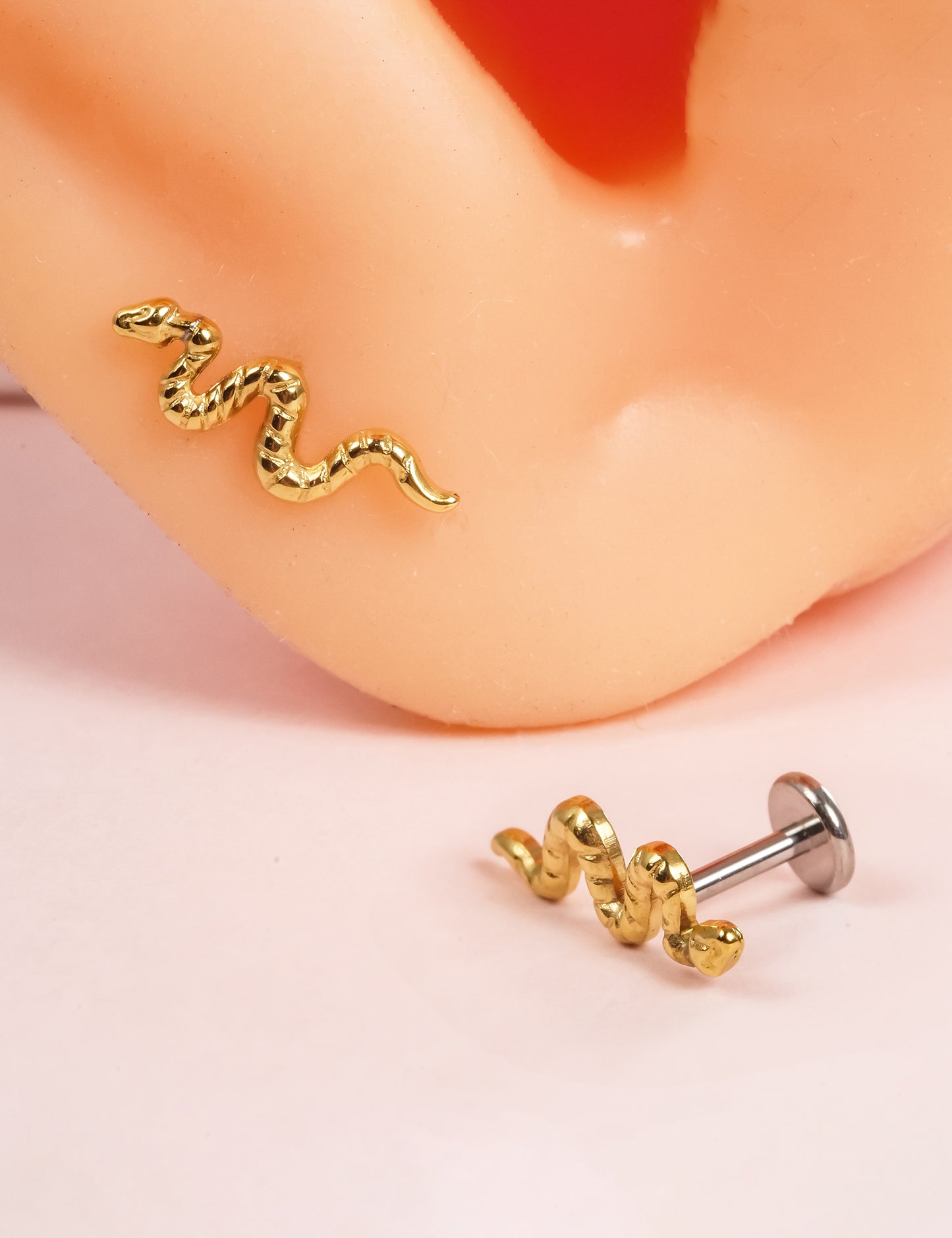 Limerencia G23 Hypoallergenic 18g Flat Back Stud Earrings | F136 Implant Grade Titanium Press Fit Threadless Push Pop in Cartilage Helix Labret Lip Monroe Tragus Piercing Studs- Snake