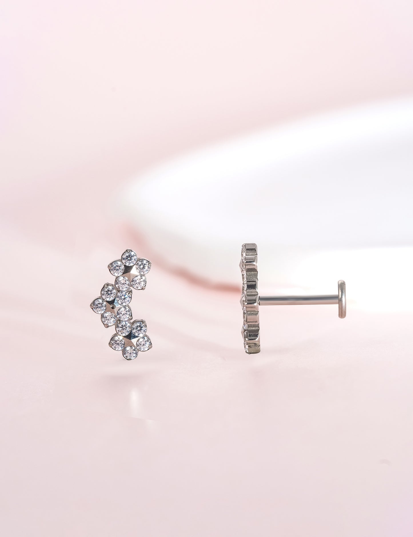 limerencia 18g Titanium Internally Threaded Tragus Piercing Jewelry CZ Top Flat Back Piercing Nose Studs Earring, Helix, Cartilage, Labret, Monroe for Women or Men- Triple Flowe