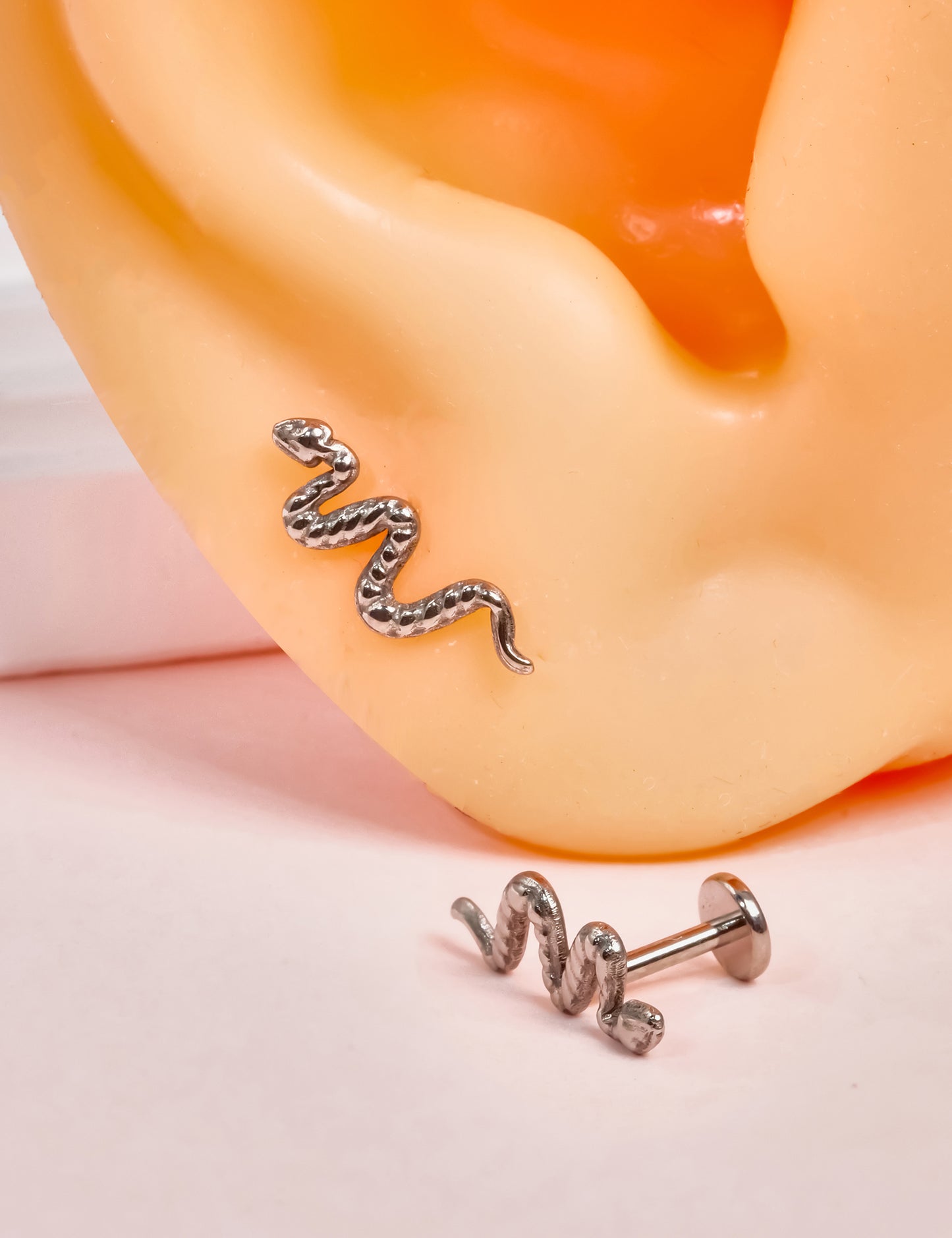 Limerencia G23 Hypoallergenic 18g Flat Back Stud Earrings | F136 Implant Grade Titanium Press Fit Threadless Push Pop in Cartilage Helix Labret Lip Monroe Tragus Piercing Studs- Snake
