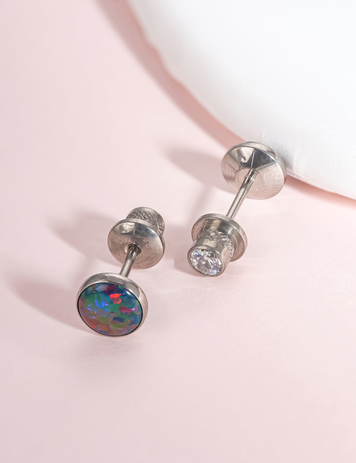 limerencia Hypoallergenic G23 Implant Grade Titanium Screw Back Earrings Tragus 20G Helix F136 Piercing Post for Girls' Sensitive Ears Cartilage- Black / White Opal