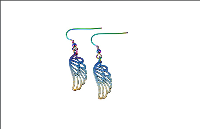 Titanium Leaf Pendant Dangle Earrings, Lightweight Metal Cutout on Hypoallergenic Titanium Hooks (Rainbow) (Wing)