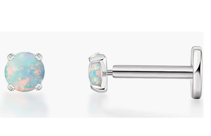 Limerencia G23 Hypoallergenic 18g Flat Back Stud Earrings | F136 Implant Grade Titanium Press Fit Threadless Push Pop in Cartilage Helix Labret Lip Monroe Tragus Piercing Studs- 3mm,4mm White Opal