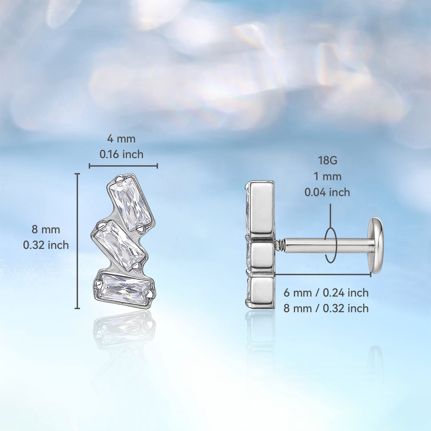 limerencia 18g Titanium Internally Threaded Tragus Piercing Jewelry CZ Top Flat Back Piercing Nose Studs Earring, Helix, Cartilage, Labret, Monroe for Women or Men- Triple Baguette Gem
