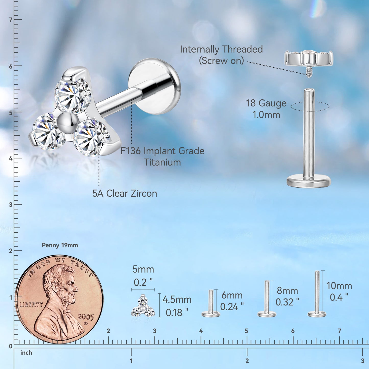 limerencia Titanium Hypoallergenic Piercing Jewelry - 18G 6mm 8mm 10mm For Tragus,Helix,Conch,Cartilage,Nose,Lip,F136 Implant Grade Flat Back Internally Threaded Stud Earrings (clear)
