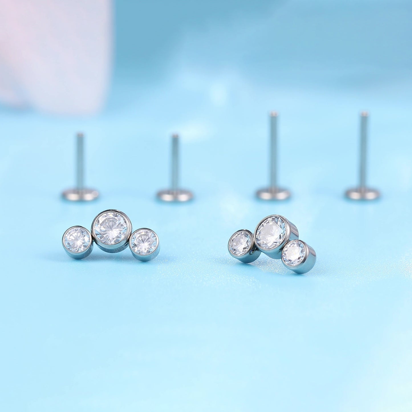 Limerencia G23 Hypoallergenic 18g Flat Back Stud Earrings | F136 Implant Grade Titanium Press Fit Threadless Push Pop in Cartilage Helix Labret Lip Monroe Tragus Piercing Studs- Three Crystal Cluster