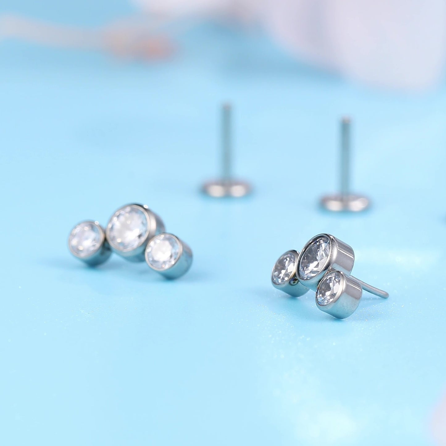 Limerencia G23 Hypoallergenic 18g Flat Back Stud Earrings | F136 Implant Grade Titanium Press Fit Threadless Push Pop in Cartilage Helix Labret Lip Monroe Tragus Piercing Studs- Three Crystal Cluster