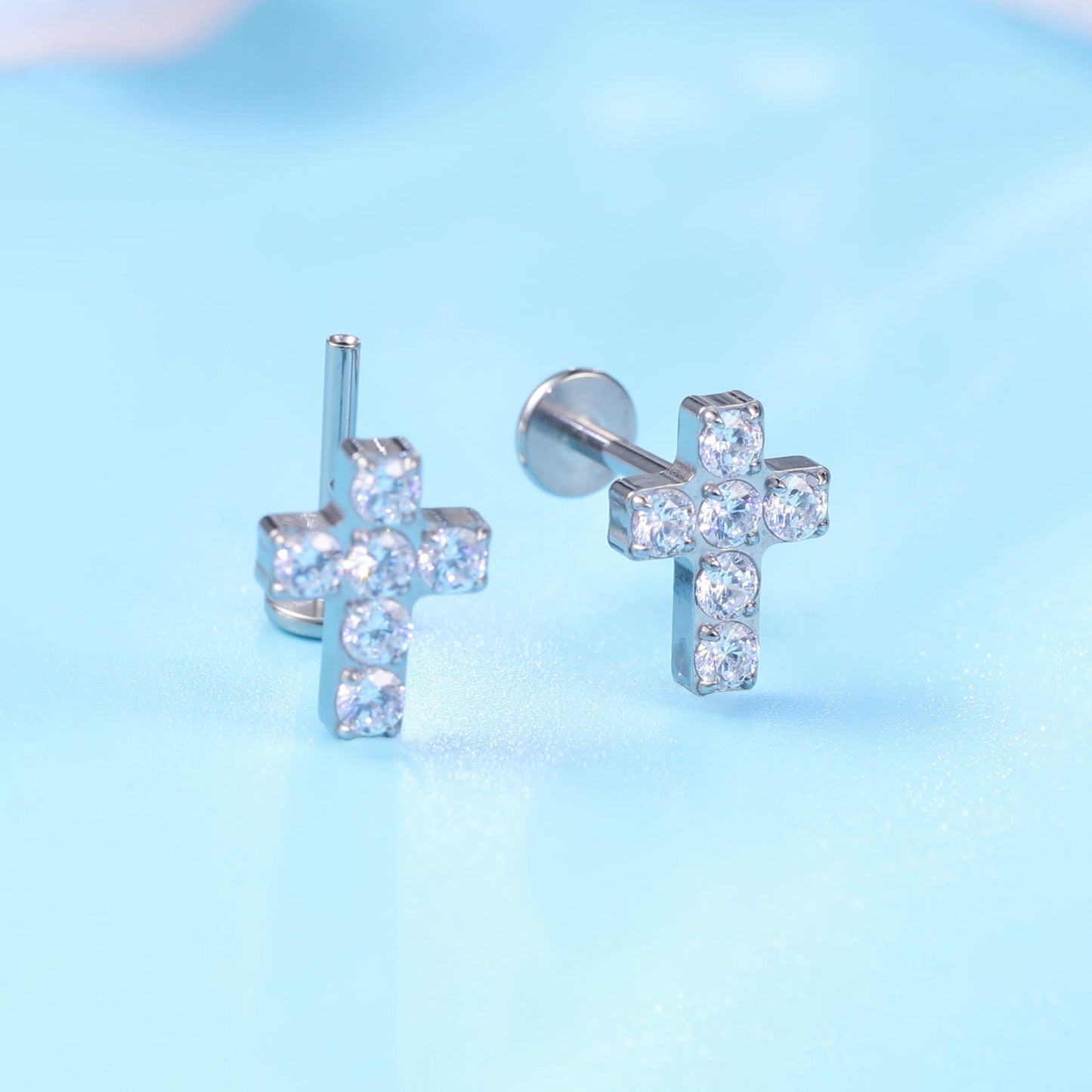 limerencia G23 Hypoallergenic 18g Flat Back Stud Earrings | F136 Implant Grade Titanium Press Fit Threadless Push Pop in Cartilage Helix Labret Lip Monroe Tragus Piercing Studs- Cross CZ