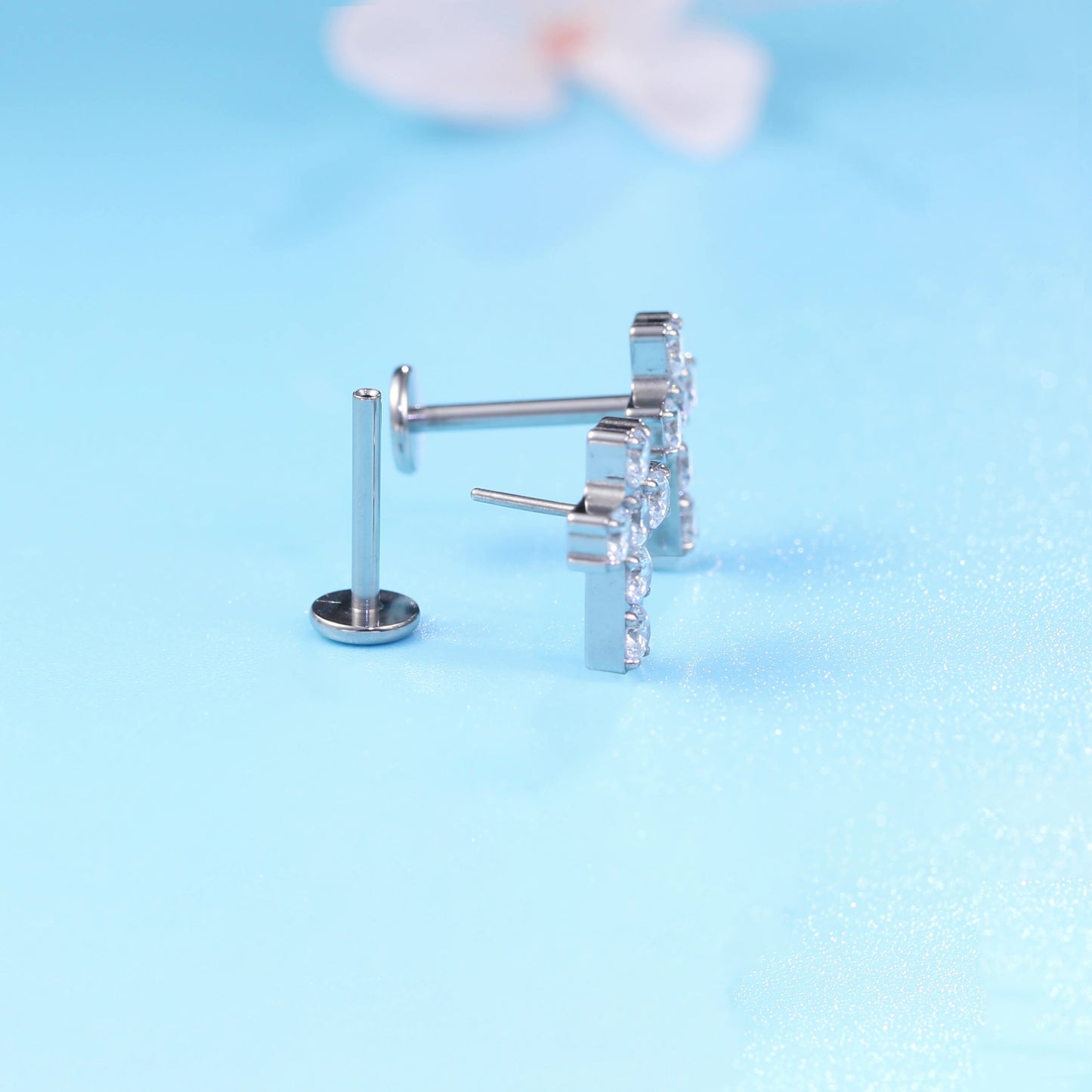 limerencia G23 Hypoallergenic 18g Flat Back Stud Earrings | F136 Implant Grade Titanium Press Fit Threadless Push Pop in Cartilage Helix Labret Lip Monroe Tragus Piercing Studs- Cross CZ