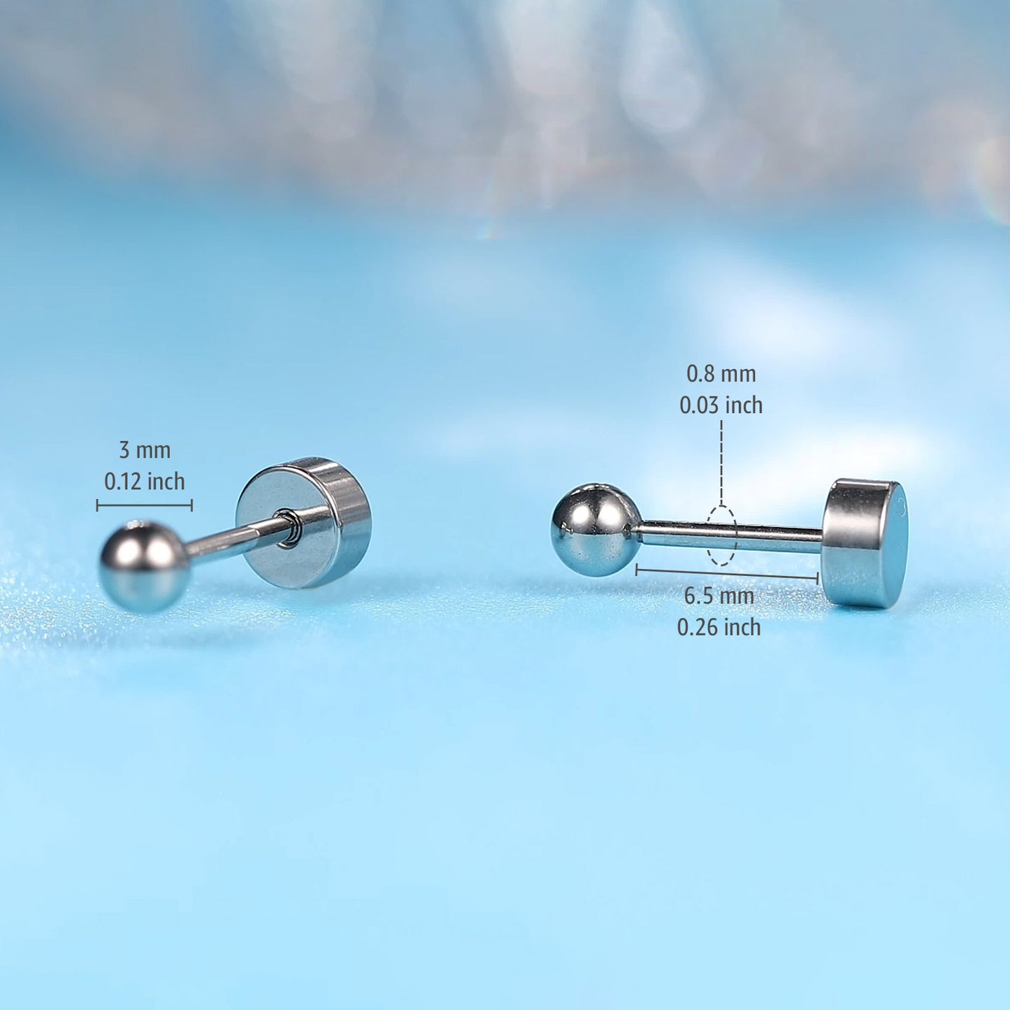 Limerencia Hypoallergenic G23 Implant Grade Titanium Screw Back Earrings Tragus 20G Helix F136 Piercing Post for Sensitive Ears Cartilage (3mm ball)