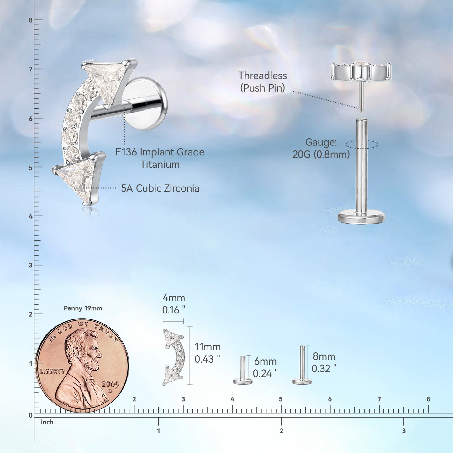 limerencia F136 Hypoallergenic Titanium 20g 6mm 8mm Flat Back Stud | G23 Implant Grade Press Fit Threadless Earrings Push Pin Tragus Cartilage Helix Conch Medusa Labret Piercing Jewelry(climber 1pc)