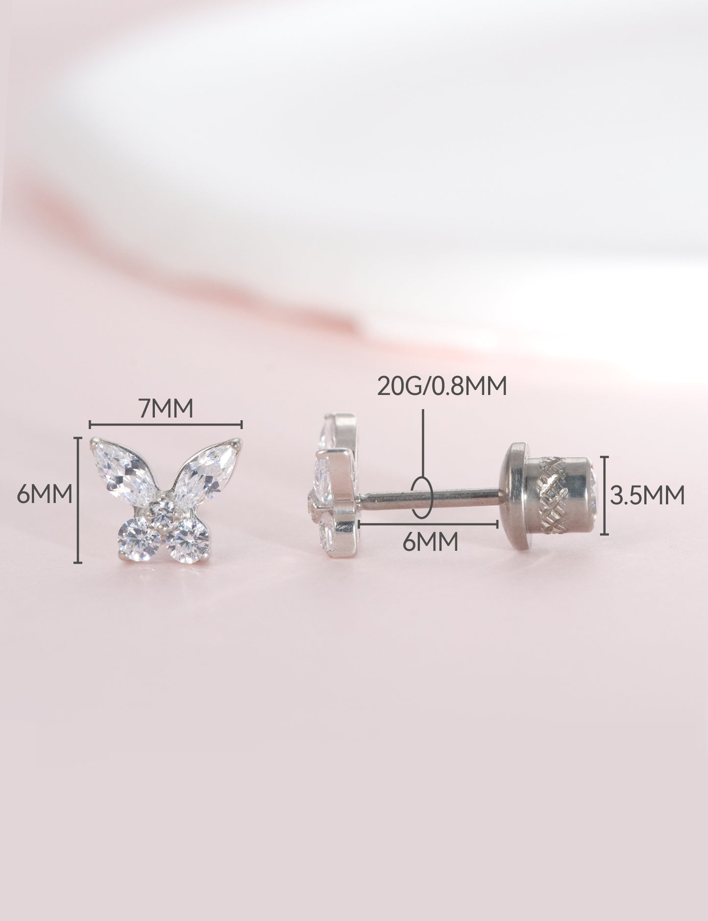limerencia Hypoallergenic G23 Implant Grade Titanium Screw Back Earrings Tragus 20G Helix F136 Piercing Post for Girls' Sensitive Ears Cartilage- Butterfly White CZ