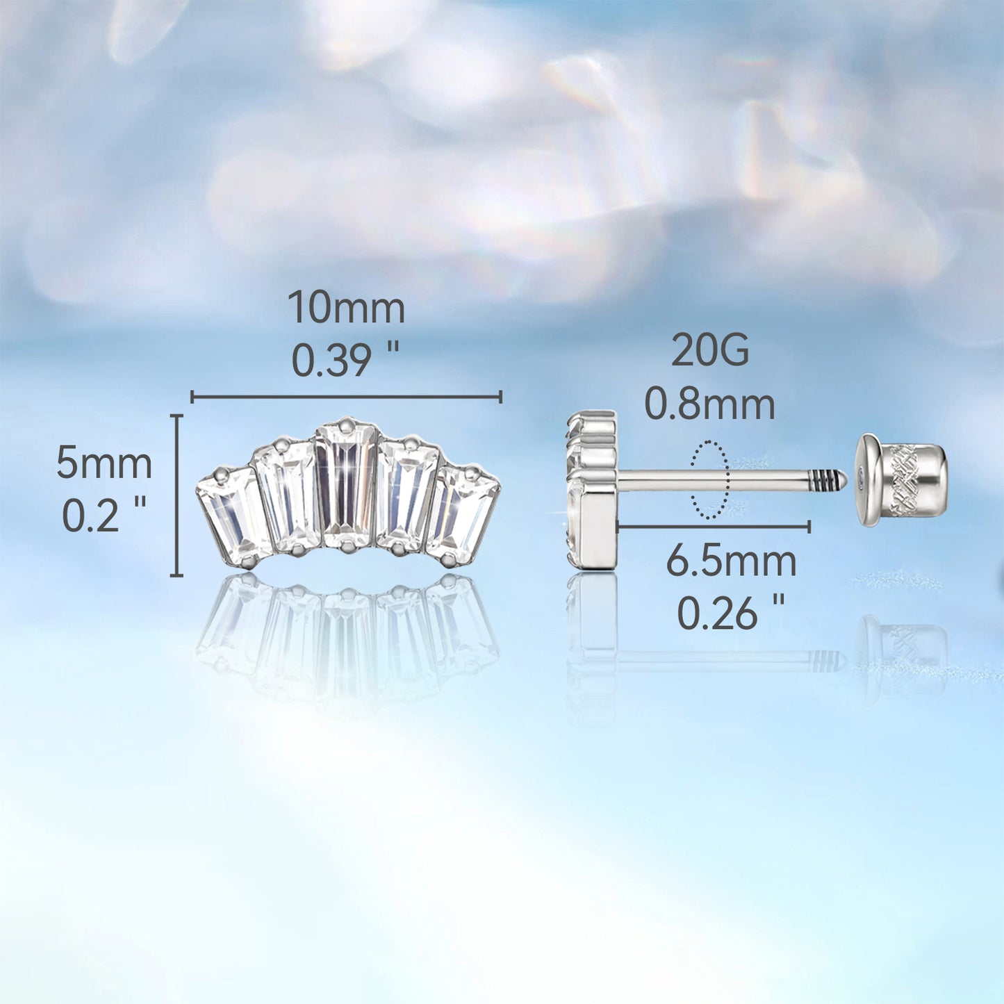 Limerencia Hypoallergenic G23 Implant Grade Titanium Screw Back Earrings Tragus 20G Helix F136 Piercing Post for Sensitive Ears Cartilage(crown)