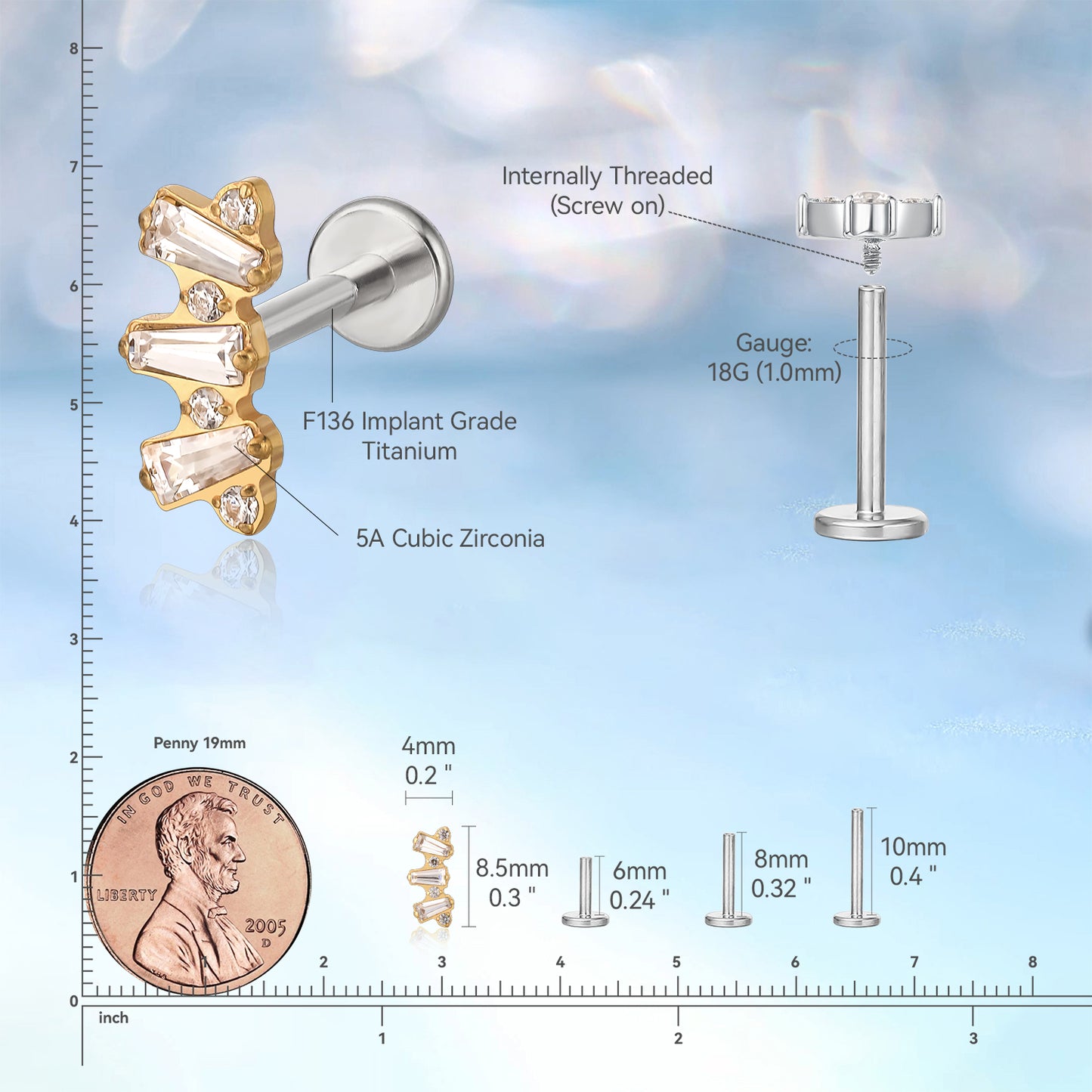 limerencia F136 Titanium Hypoallergenic Piercing Jewelry 18G 6mm 8mm 10mm Flat Back Internally Threaded Implant Grade Climber Stud Crawler Earrings For Cartilage,Tragus,Helix,Conch,Nose,Lip (1pc)