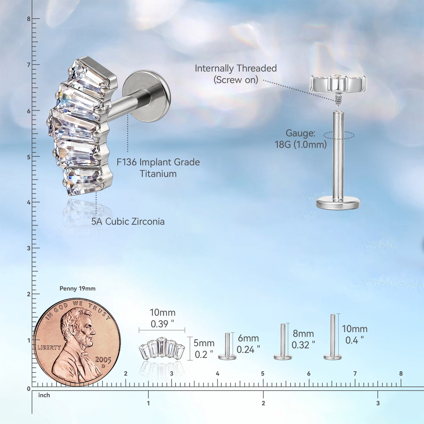 limerencia Pure Titanium F136 Hypoallergenic Piercing Jewelry,Flat Back Internally Threaded Stud Earring 18g for Cartilage/Tragus/Helix/Conch/Nose/Lip (crown 1pc)