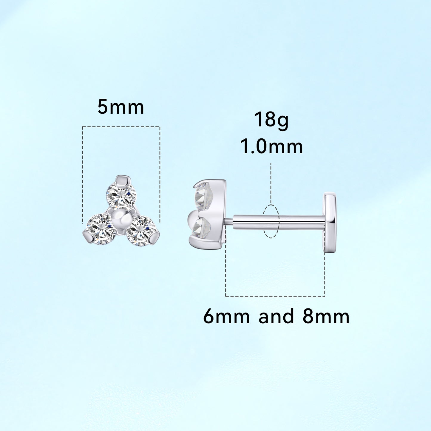 limerencia G23 Hypoallergenic 18g Flat Back Stud Earrings | F136 Implant Grade Titanium Press Fit Threadless Push Pop in Cartilage Helix Labret Lip Monroe Tragus Piercing Studs- Trinity CZ