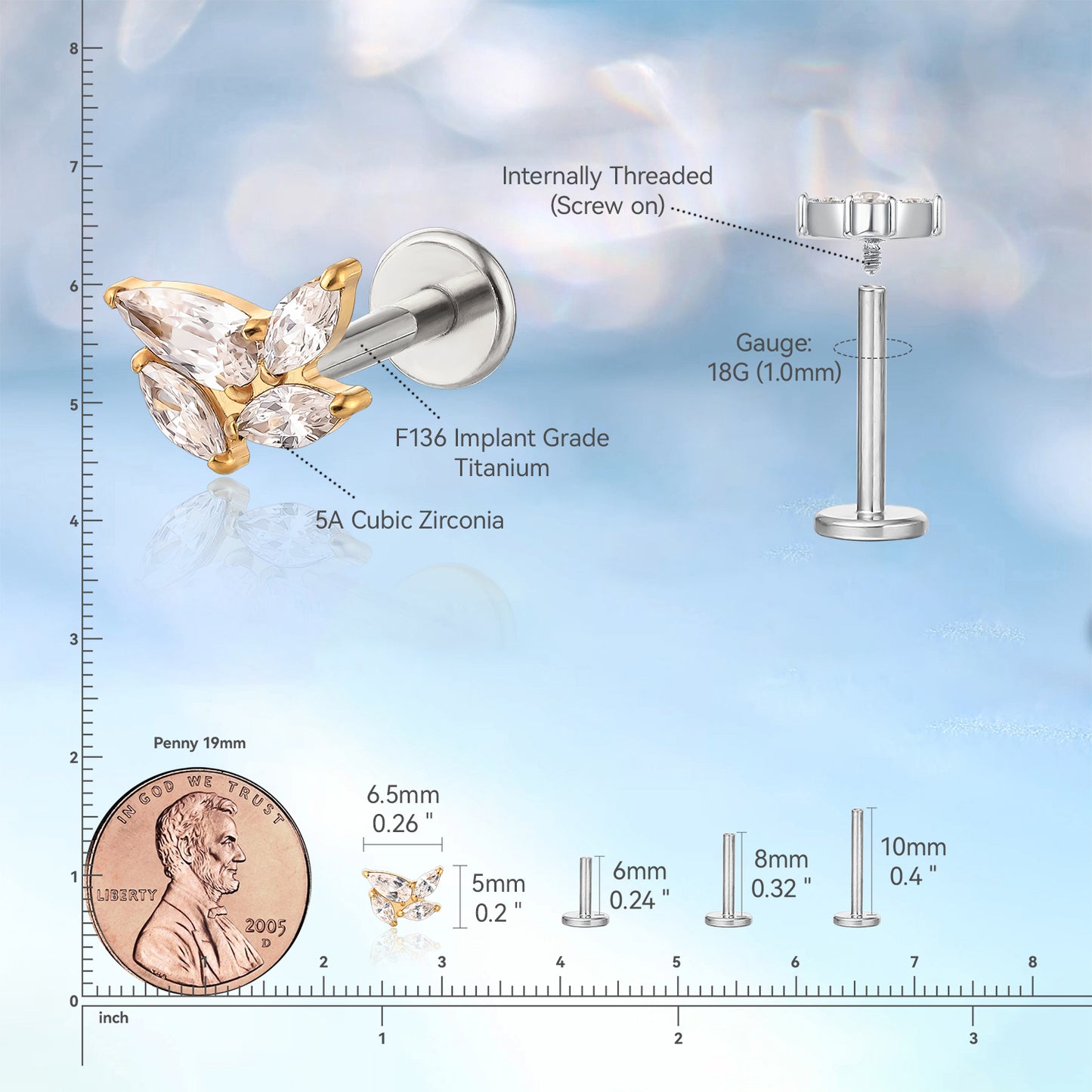 limerencia Hypoallergenic Titanium ASTM F136-18G 6mm 8mm 10mm Flat Back Internal Thread Stud Earring Piercing Jewelry for Tragus Helix Conch Cartilage Nose Lip (windmill 1pc)
