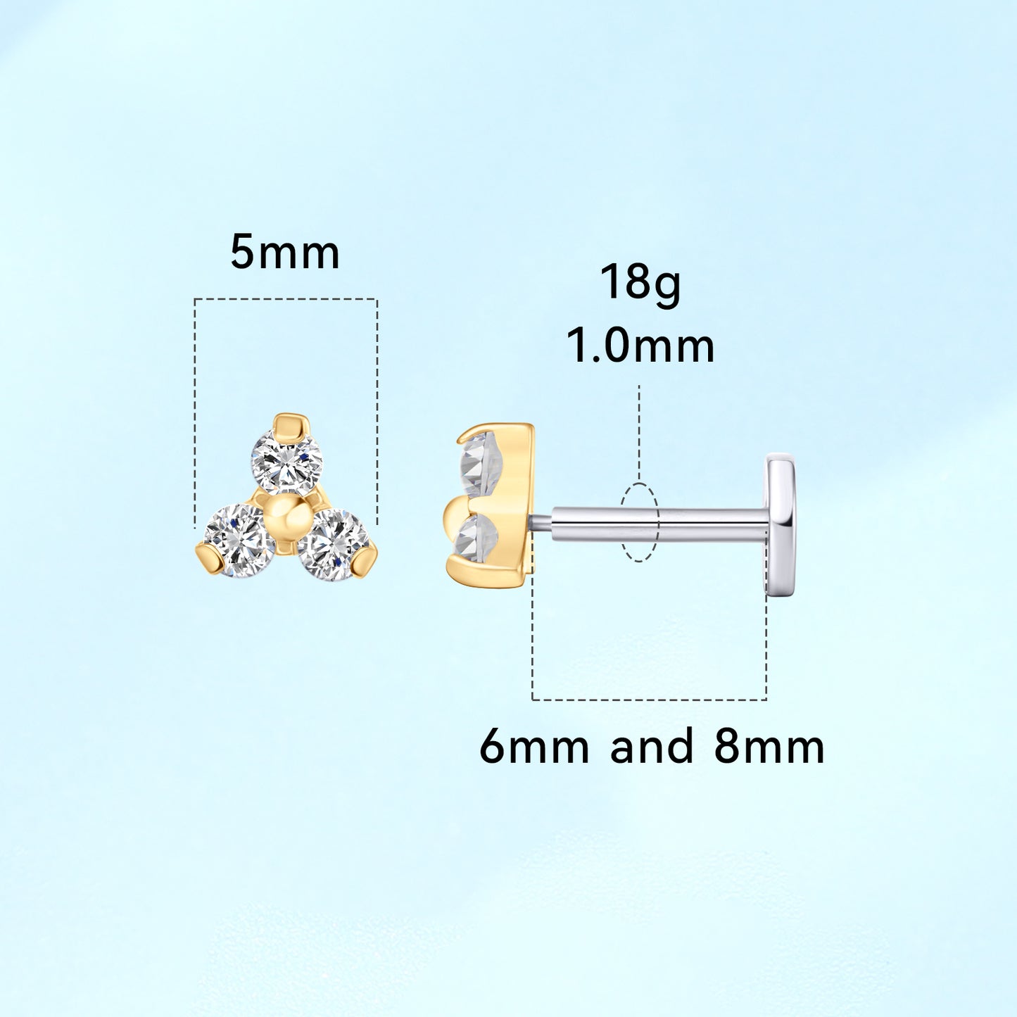 limerencia G23 Hypoallergenic 18g Flat Back Stud Earrings | F136 Implant Grade Titanium Press Fit Threadless Push Pop in Cartilage Helix Labret Lip Monroe Tragus Piercing Studs- Trinity CZ