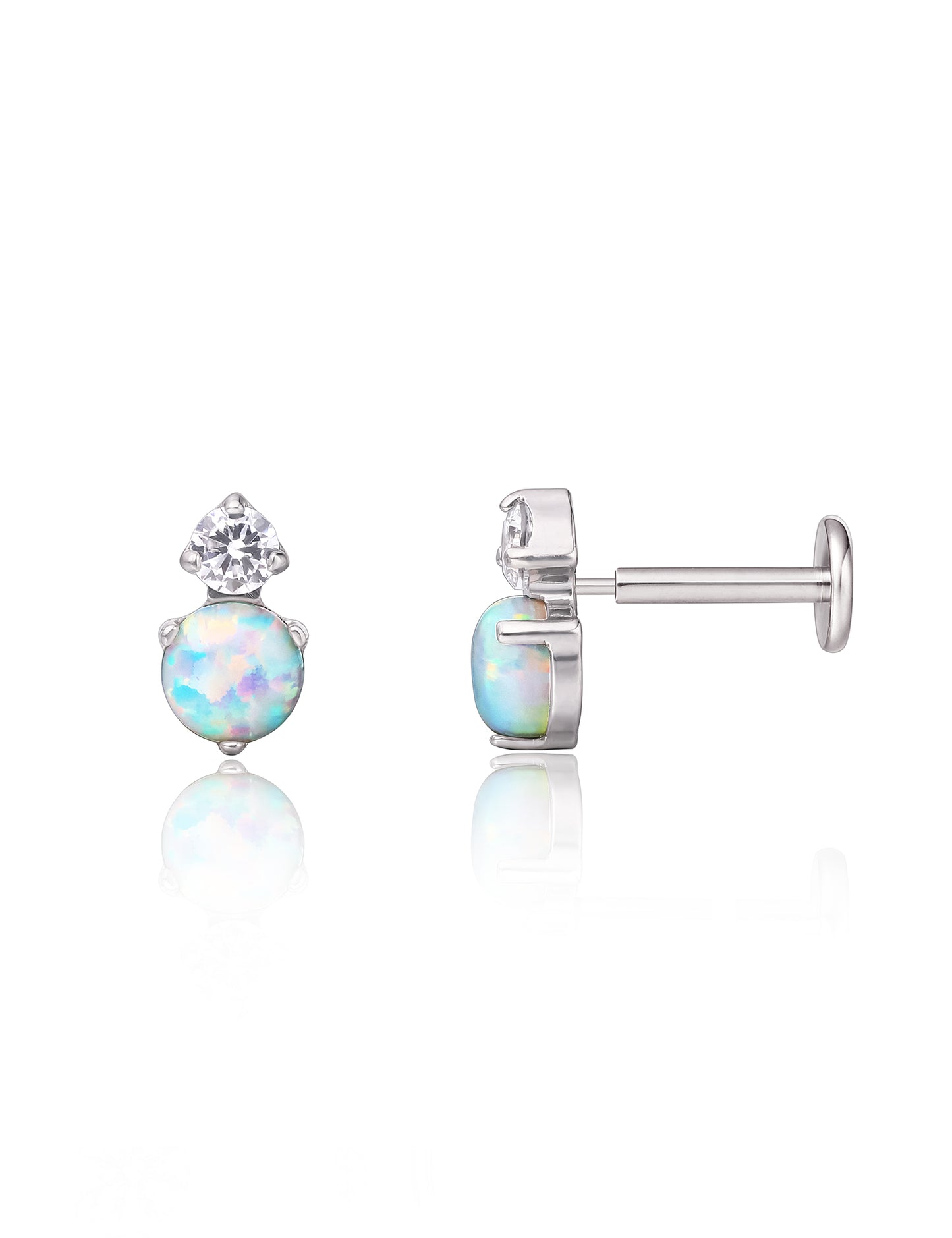 Limerencia G23 Hypoallergenic 18g Flat Back Stud Earrings | F136 Implant Grade Titanium Press Fit Threadless Push Pop in Cartilage Helix Labret Lip Monroe Tragus Piercing Studs- CZ + White Opal