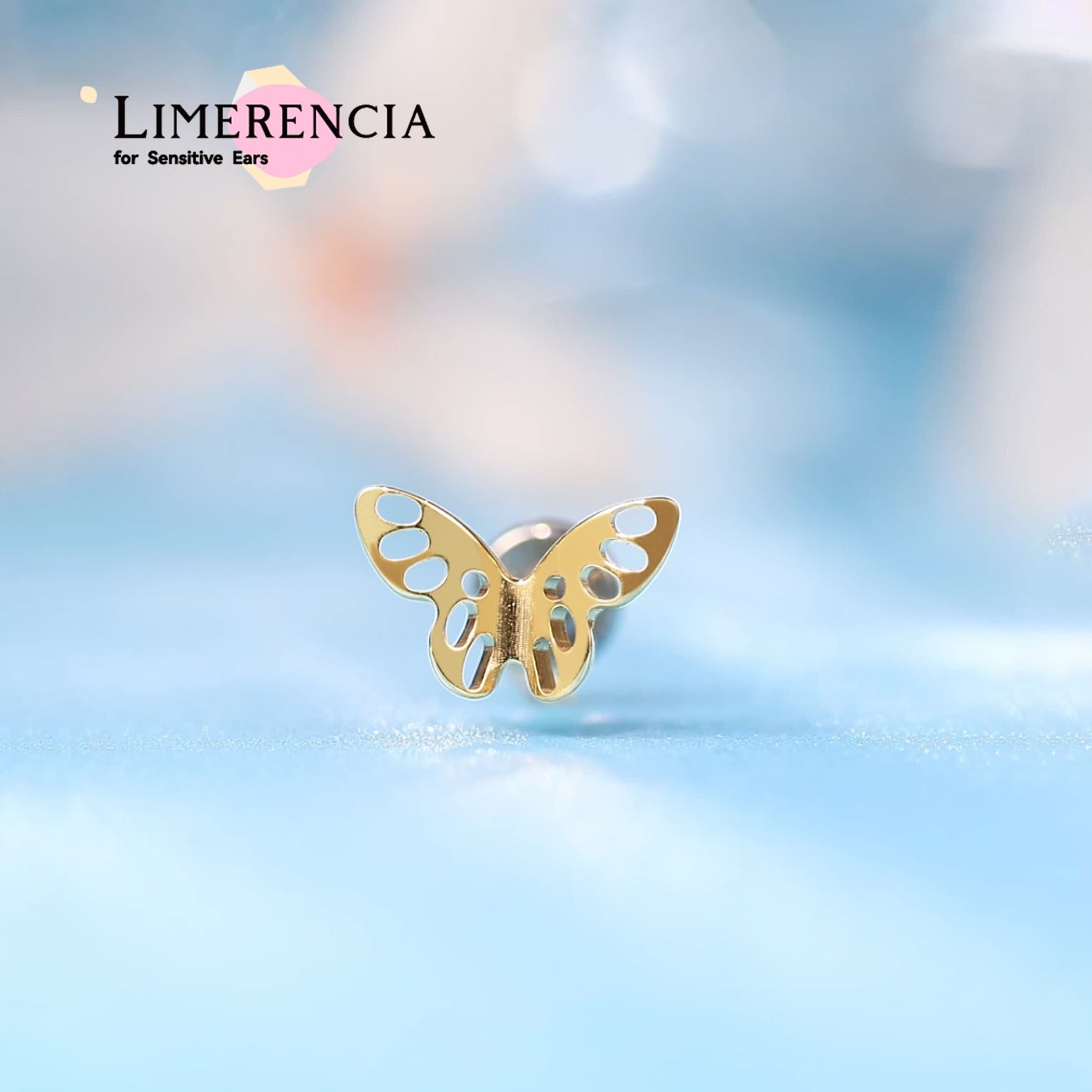Limerencia 20G hypoallergene Flachboden-Einsteckstecker aus Titan, implantatgeeigneter gewindefreier Druck-Stecker für Conch, Nase, Helix und Tragus, unisex Piercingschmuck (1 Stück)/Schmetterling mit Durchbruchmuster