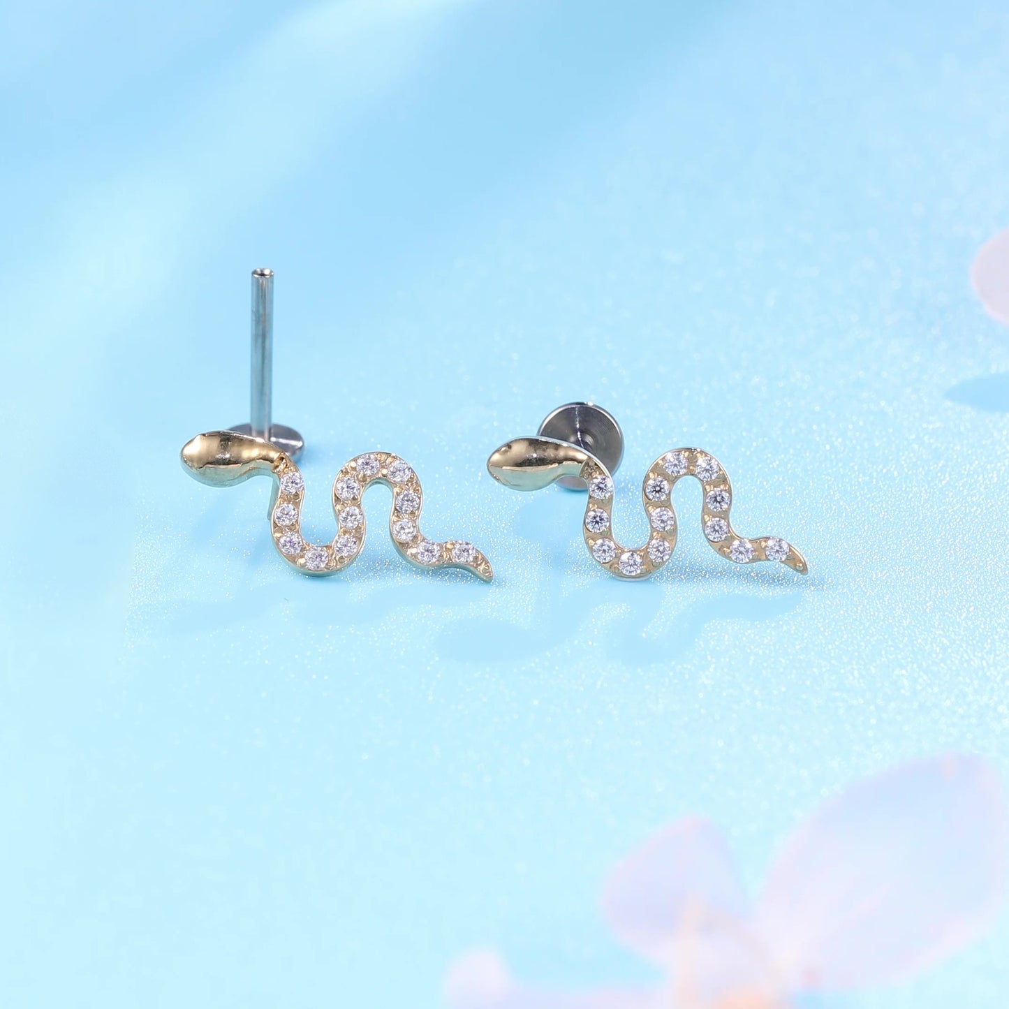 limerencia G23 Hypoallergenic 18g Flat Back Stud Earrings | F136 Implant Grade Titanium Press Fit Threadless Push Pop in Cartilage Helix Labret Lip Monroe Tragus Piercing Studs- Snake CZ