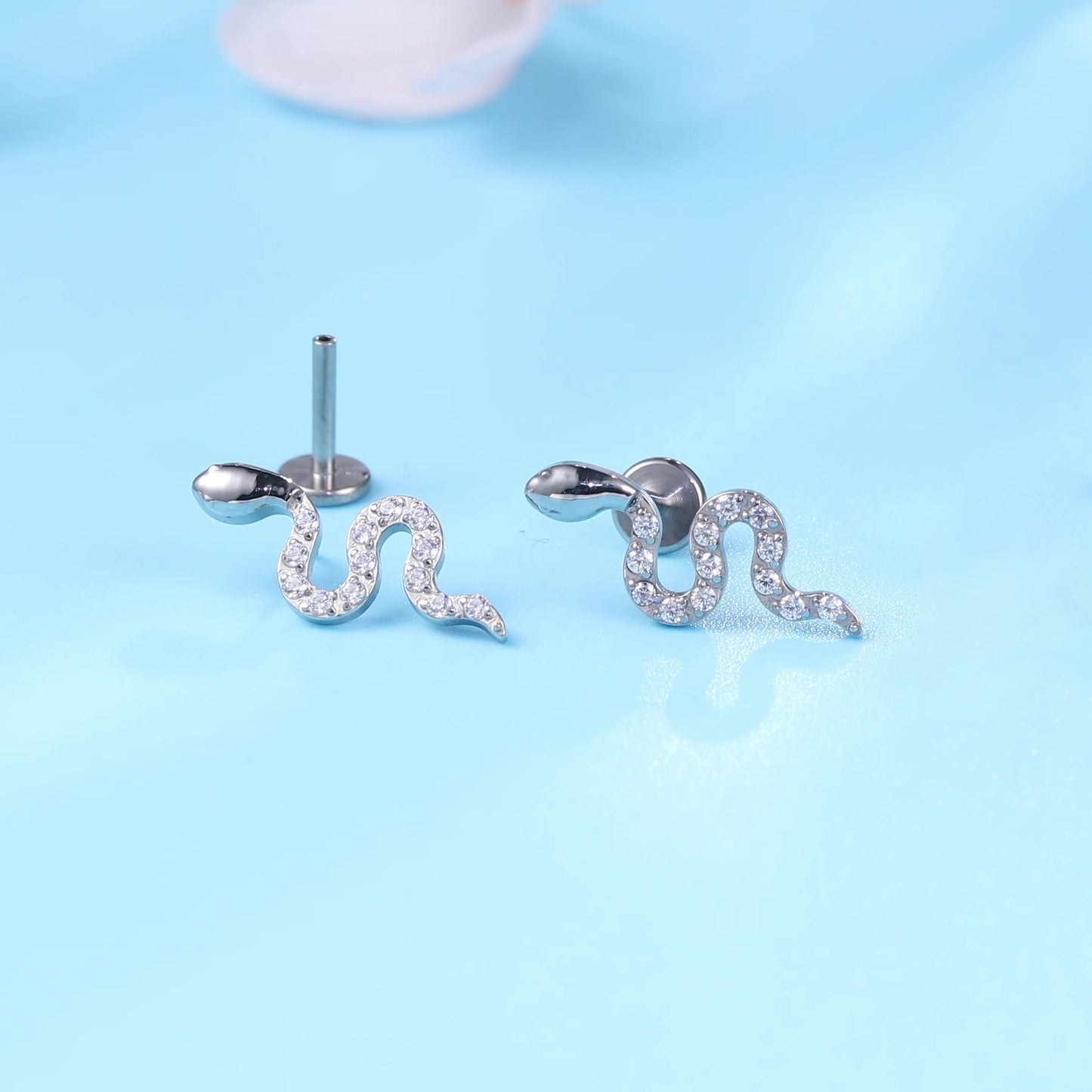limerencia G23 Hypoallergenic 18g Flat Back Stud Earrings | F136 Implant Grade Titanium Press Fit Threadless Push Pop in Cartilage Helix Labret Lip Monroe Tragus Piercing Studs- Snake CZ