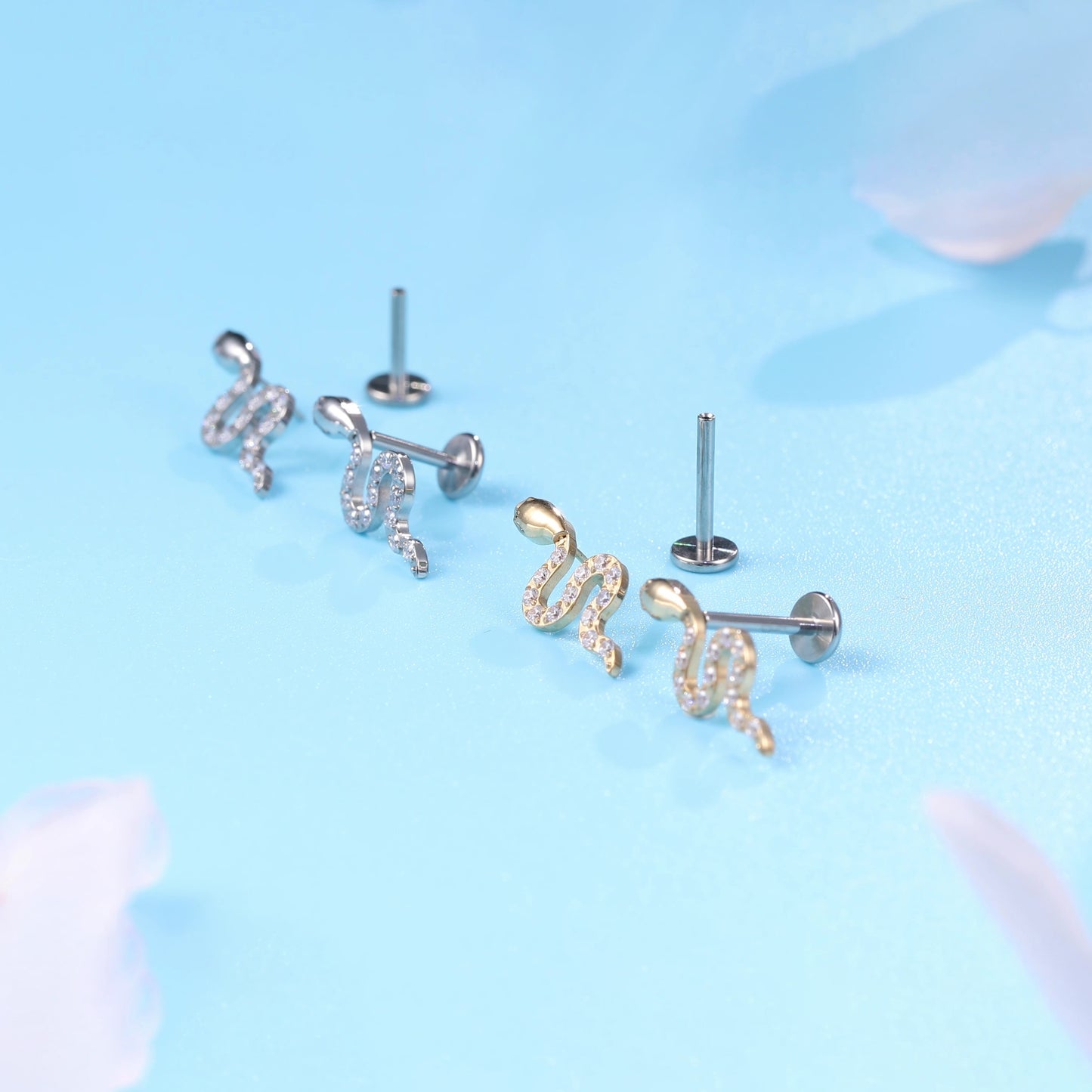 limerencia G23 Hypoallergenic 18g Flat Back Stud Earrings | F136 Implant Grade Titanium Press Fit Threadless Push Pop in Cartilage Helix Labret Lip Monroe Tragus Piercing Studs- Snake CZ