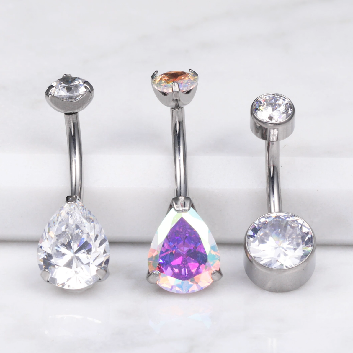 limerencia G23 Titanium Belly Button Rings hypoallergenic medical implant grade 14G Teardrop CZ Belly Navel Rings Piercing Belly Bars(Water drop belly button ring) (steel)