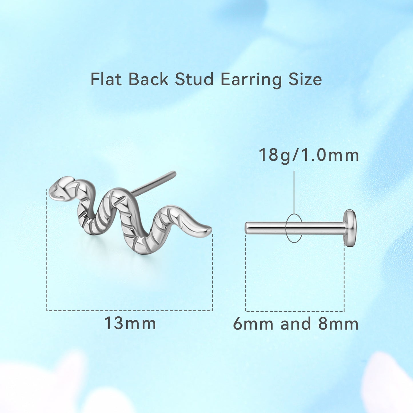 Limerencia G23 Hypoallergenic 18g Flat Back Stud Earrings | F136 Implant Grade Titanium Press Fit Threadless Push Pop in Cartilage Helix Labret Lip Monroe Tragus Piercing Studs- Snake