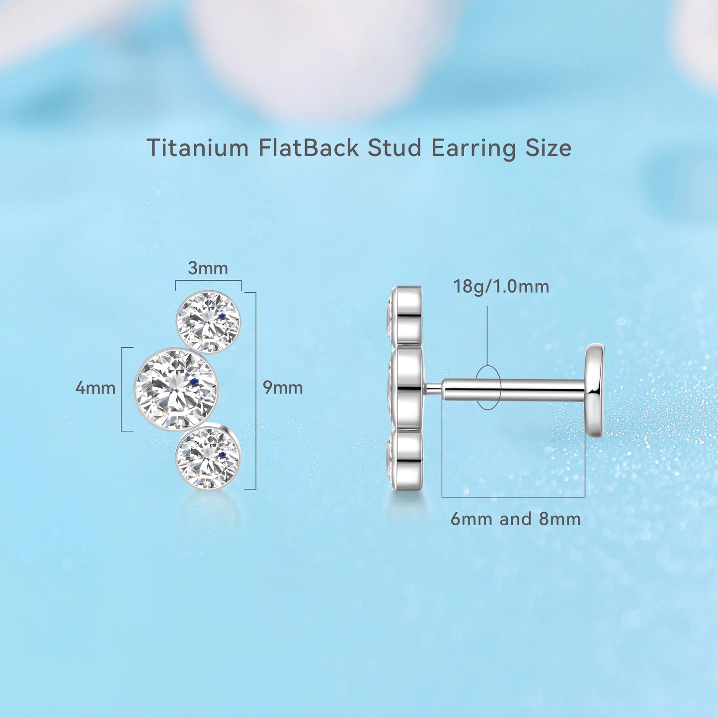 Limerencia G23 Hypoallergenic 18g Flat Back Stud Earrings | F136 Implant Grade Titanium Press Fit Threadless Push Pop in Cartilage Helix Labret Lip Monroe Tragus Piercing Studs- Three Crystal Cluster
