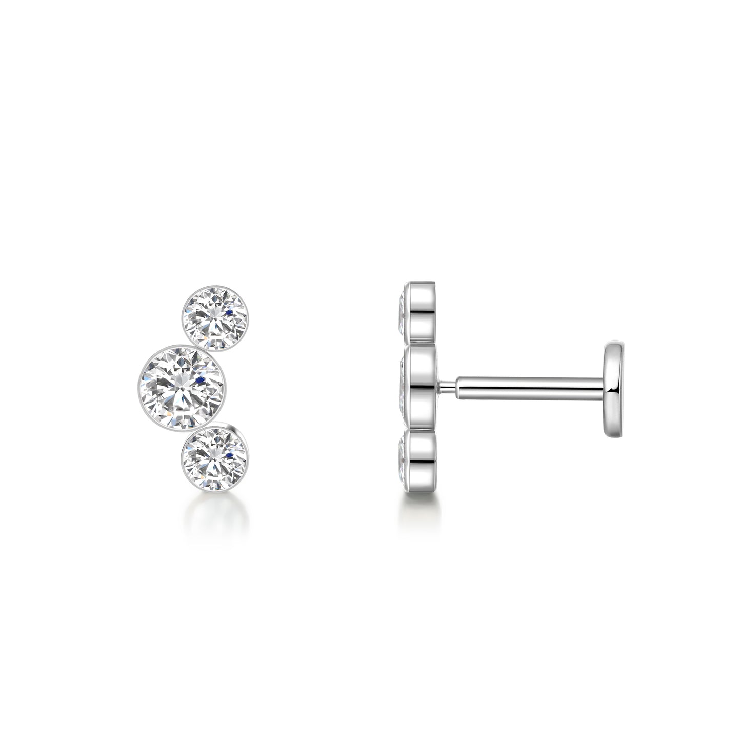 Limerencia G23 Hypoallergenic 18g Flat Back Stud Earrings | F136 Implant Grade Titanium Press Fit Threadless Push Pop in Cartilage Helix Labret Lip Monroe Tragus Piercing Studs- Three Crystal Cluster